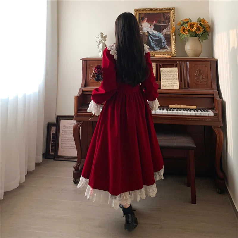 Christmas Dress Vintage Lace Splicing Gold Velvet Red Long Dress Elegant Thin Evening Dress Chic and Simple 2023 Autumn New