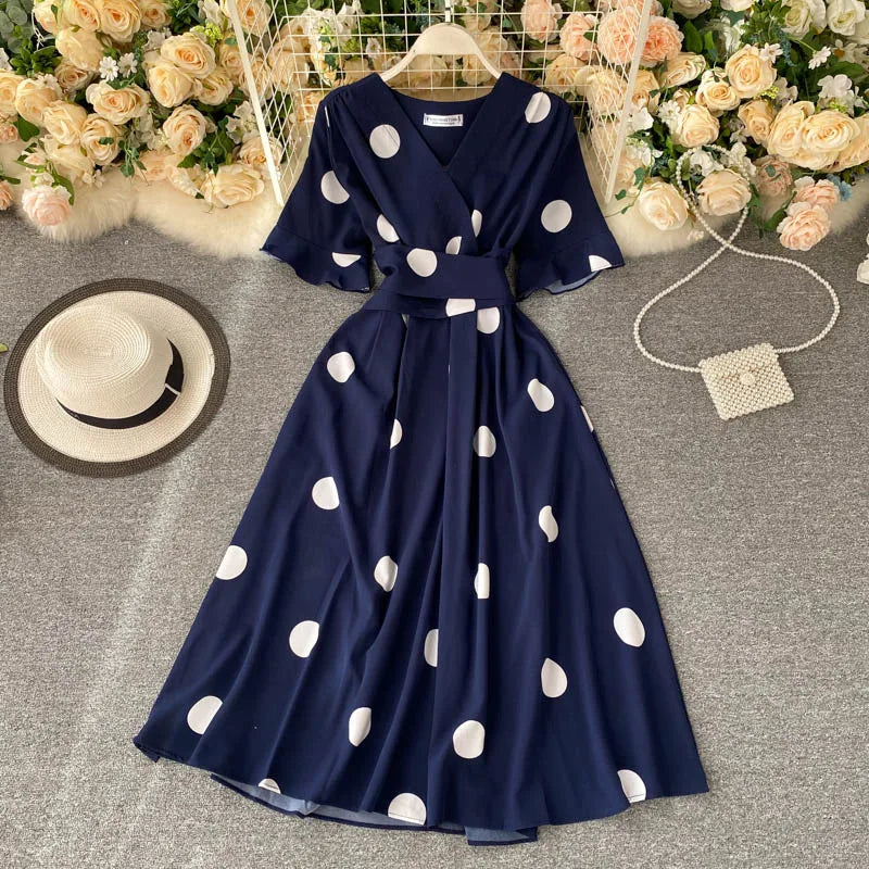 YuooMuoo Chic Fashion Polka Dot Print Women Dress 2023 New Summer Elegant Vintage Bandage Slim Waist Big Swing Long Party Dress