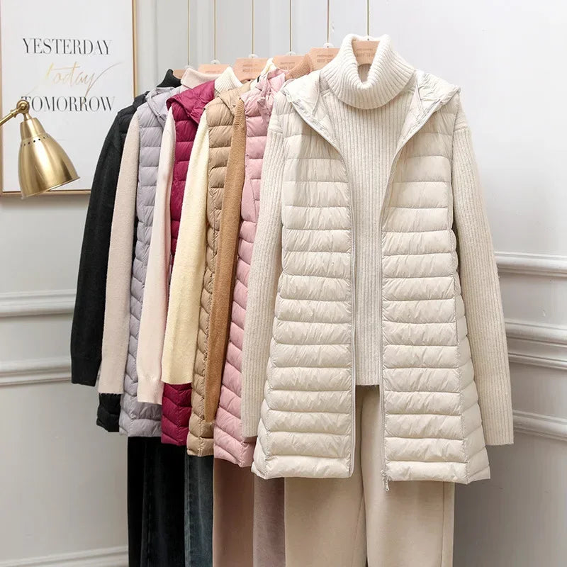 Women's Autumn/Winter X-long Hooded Sleeveless Jackets 2023 New White Duck Down Female Slim Fit Office Lady Warm Vest Coat