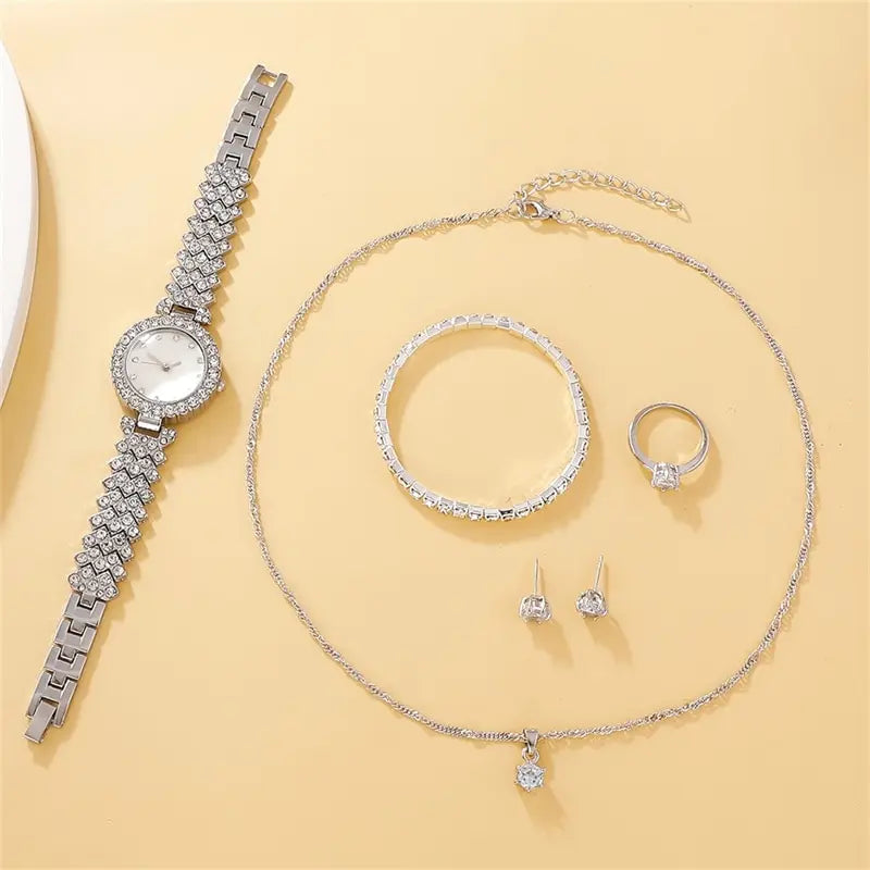 Conjunto de 6 uds. De reloj de lujo para mujer, anillo, collar, pendiente, reloj de pulsera de moda con diamantes de imitación, relojes informales para mujer, conjunto de pulsera