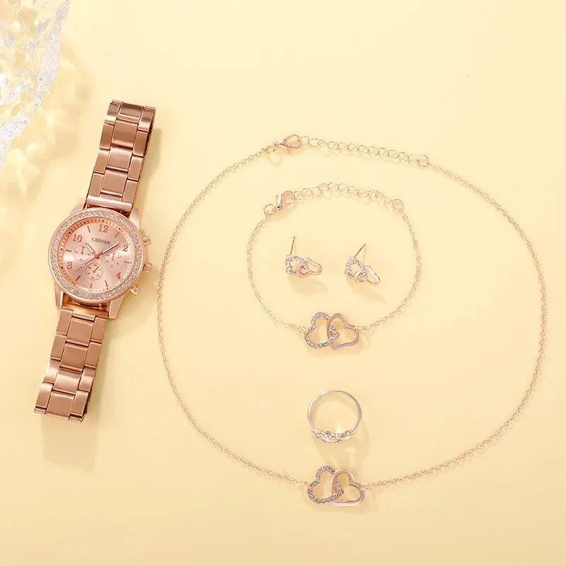 Conjunto de 6 uds de reloj de lujo de oro rosa para mujer, anillo, collar, pendiente, reloj de pulsera de moda con diamantes de imitación, relojes de pulsera informales para mujer