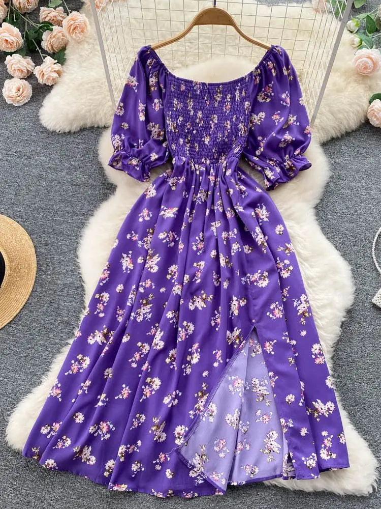 YuooMuoo, envío rápido, vestido de mujer, moda romántica, estampado Floral, vestido largo dividido de verano con mangas abullonadas, Vestidos coreanos de fiesta