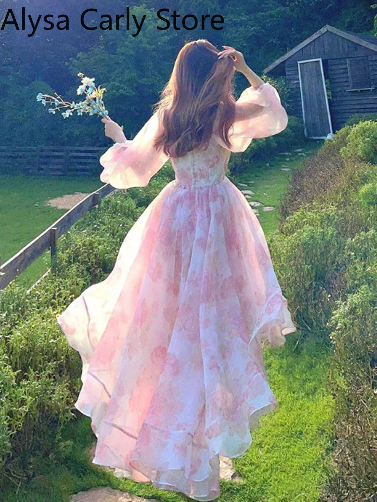 Robe mi-longue à fleurs pour femmes, Vintage, douce, irrégulière, élégante, manches bouffantes, féerique, décontractée, plage, soirée, Chic, automne 2022