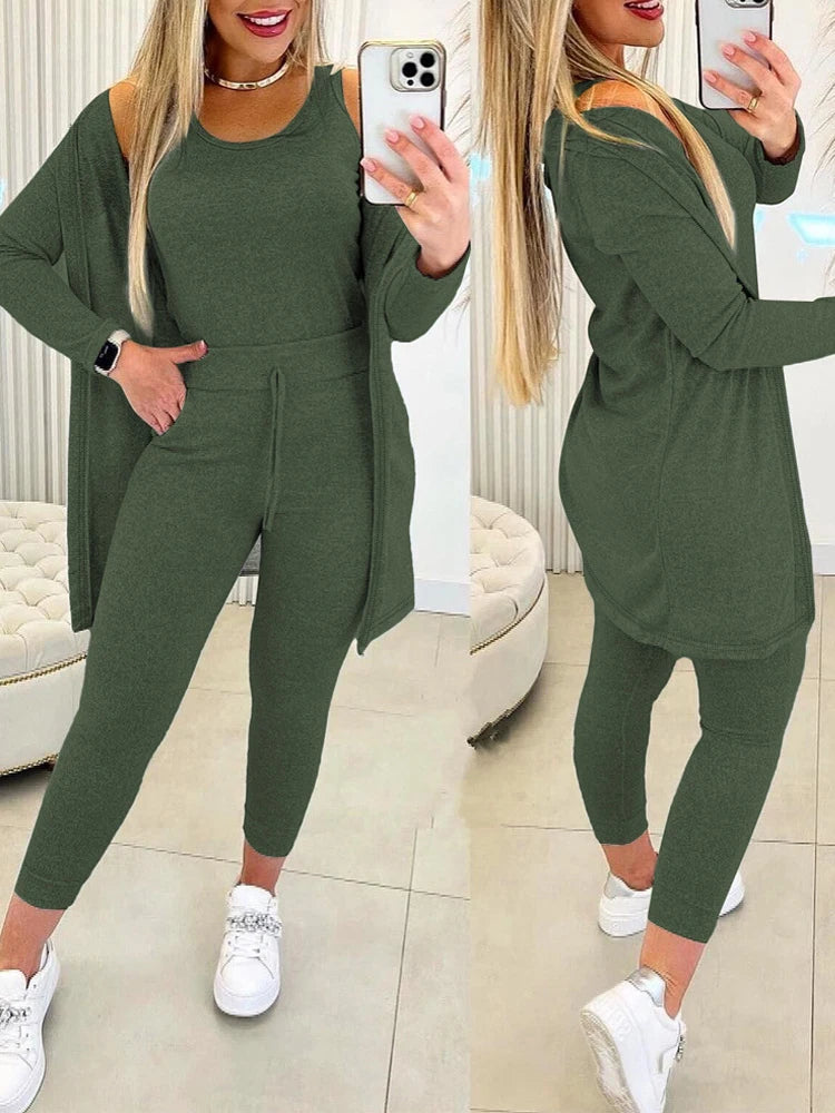 Fall Three Piece Set 2023 Casual Tank Top & Drawstring Pants Set & Coat Pants Sets Women Suits Long Matching 3 Pieces Sportwear