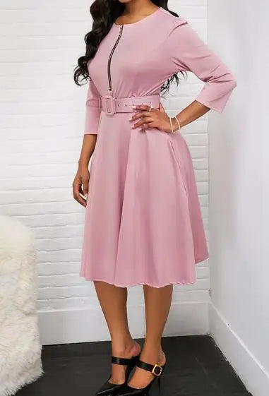 Elegant Women's Dress Summer 2023 New Waist Zipper Mid-Length Sleeve Dress Women's Office Dress Formal Dress with Belt