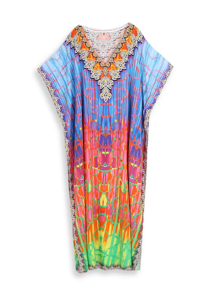 Gradient Multicolor Printed Sexy V Neck Long Dress Plus Size For Women 2023 Casual Summer Vacation Beach Wear Maxi Dresses Q1464