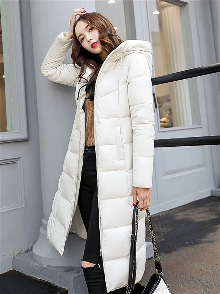 Parka longue d'hiver pour femme, manteau blanc épais et chaud en coton, à capuche, bouffante, coupe-vent, pardessus de neige, nouvelle collection hiver 2023