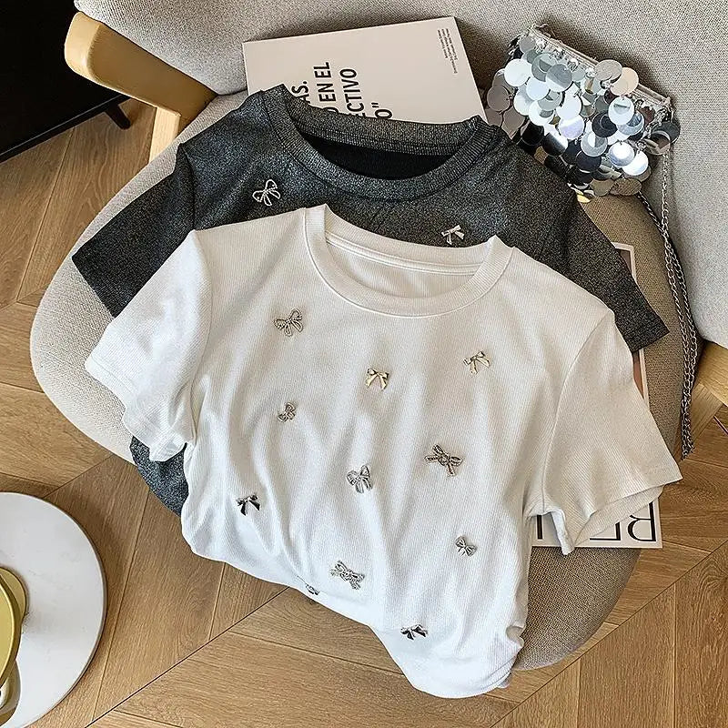 white diamond Bow Crop Top Women Casual Solid color Short Sleeve Slim grey Wrinkled T Shirts Casual Streetwear y2k Tees clothing