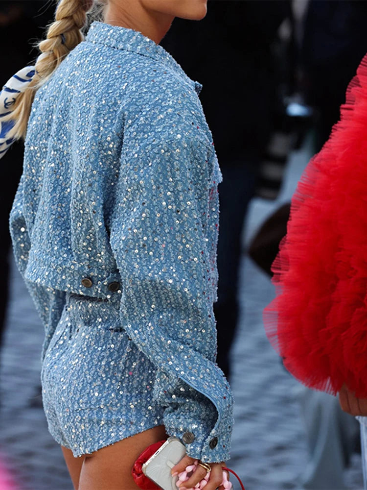 Chaqueta vaquera azul con lentejuelas, abrigo corto y pantalones cortos, conjuntos de mujer, abrigos con solapa de manga larga, pantalones cortos ajustados, conjunto de 2 piezas, traje de primavera 2024