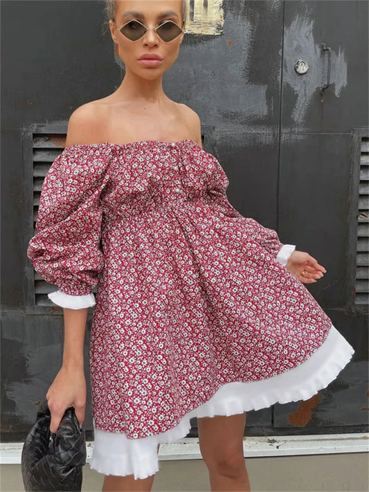 Tossy Printed Off-Shoulder Ruffled Mini Dress For women Square Collar Fashion Casual Elegant Party Dress Evening Mini Dress 2023