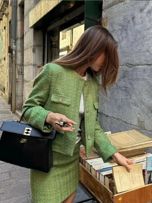 Chaqueta de Tweed para mujer, falda, traje de otoño 2023, abrigo con botones de manga larga y cuello redondo, conjunto elegante de 2 piezas, minifalda ajustada para mujer