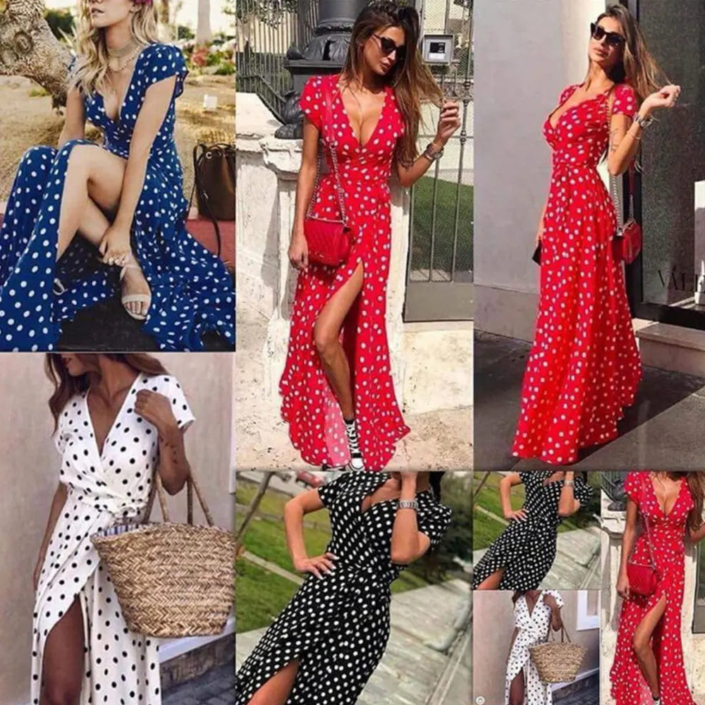 Été dames longue robe fendue à pois robe de plage robe Maxi femmes robe de soirée longueur au sol plage Hobo robe d'été