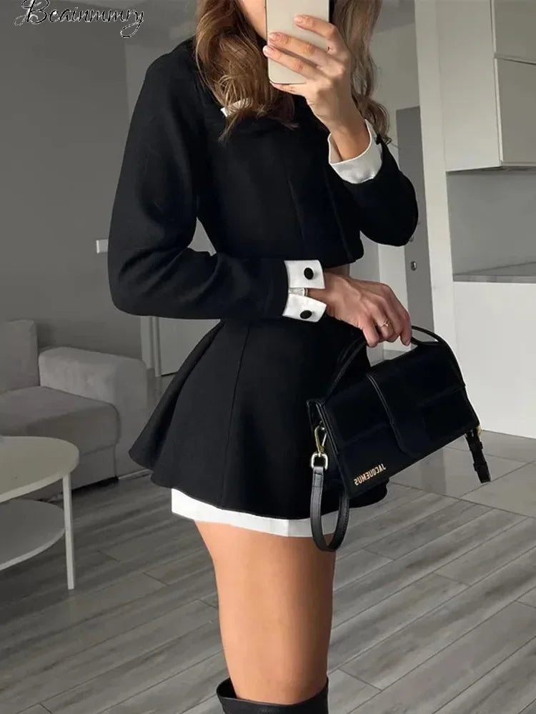 Contrast Socialite Woolen Skirt Set For Women Long Sleeve Stand Collar Single Breasted Short Coat Pleated Zippers Skirts 2024