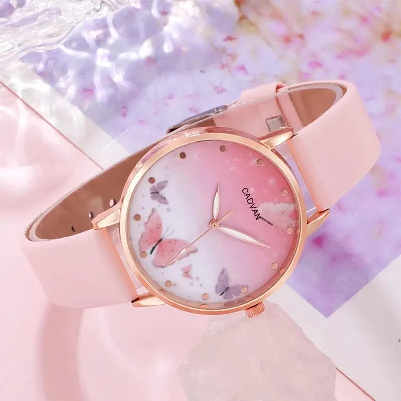 Conjunto de 6 uds. De reloj de cuarzo a la moda para mujer, reloj femenino con esfera de mariposa rosa, diseño de marca de lujo, reloj de pulsera de cuero para mujer