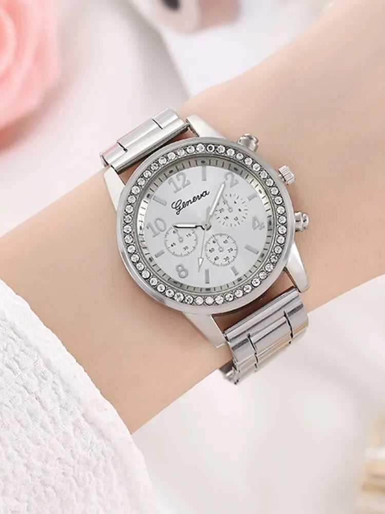 6 pièces de montre à bracelet en acier à Quartz pour femmes, collier + boucles d'oreilles + bague + bracelet, à la mode et polyvalent, incrusté de diamants et de strass