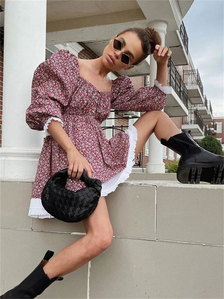 Tossy Printed Off-Shoulder Ruffled Mini Dress For women Square Collar Fashion Casual Elegant Party Dress Evening Mini Dress 2023