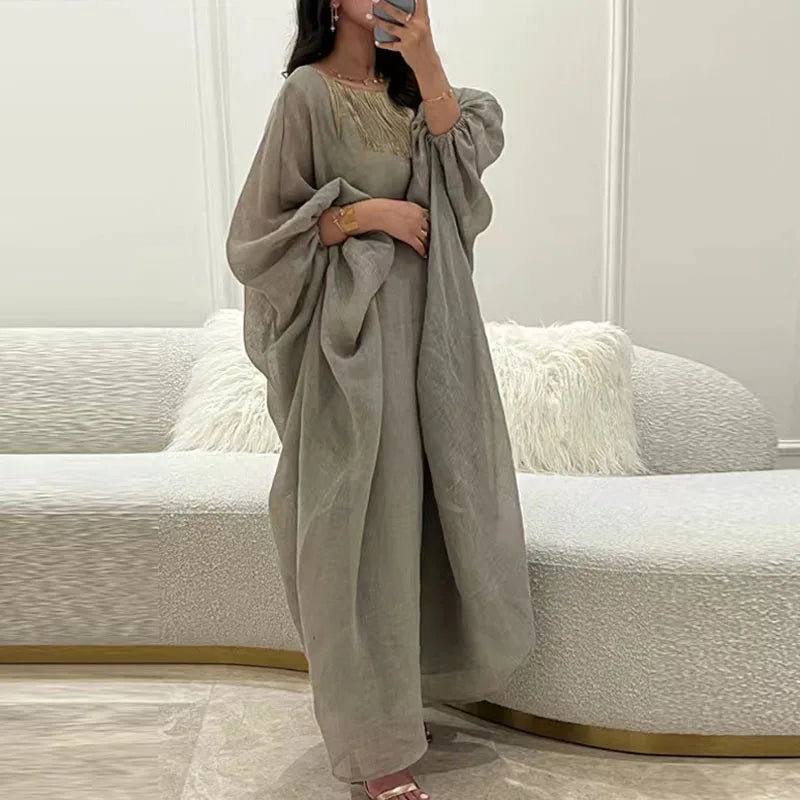 Ethnic Vintage Solid Tassel Cotton Linen Dress Women 2023 Spring O Neck Loose Long Maxi Dress Summer Lantern Sleeve Boho Dresses