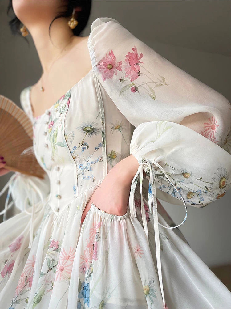 Vestido Midi Floral elegante francés de gasa, vestido de fiesta de noche de manga larga, vestido de una pieza de Hada de playa coreano, primavera 2024