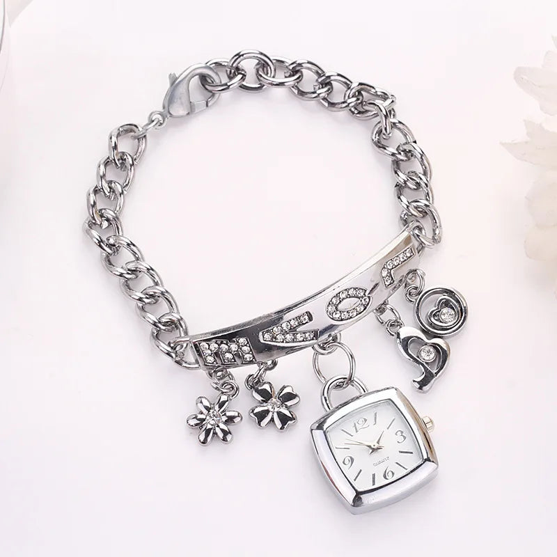 Femmes montres avec lettres strass incrusté chaîne Bracelet fleur pendentif montre-Bracelet dames robe montres cadeau Zegarek Damski