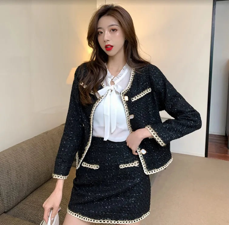 Women Elegant Vintage Tweed Fragrant Suit Jacke Coat Top And Skirt Two Piece Set Outfit 2023 New Winter Jacquard Party Clothing