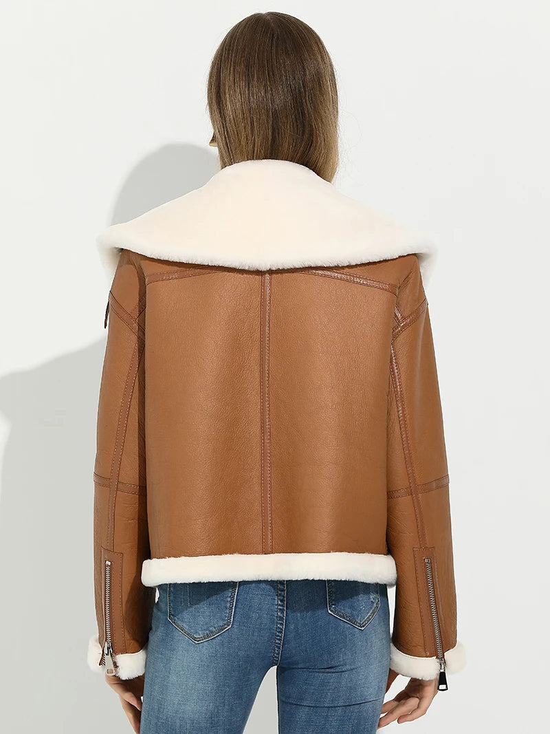 Veste d'hiver chaude pour femme, manteau en fourrure d'agneau naturelle, court en cuir véritable, vêtements de moto Cha, offre spéciale, 2024