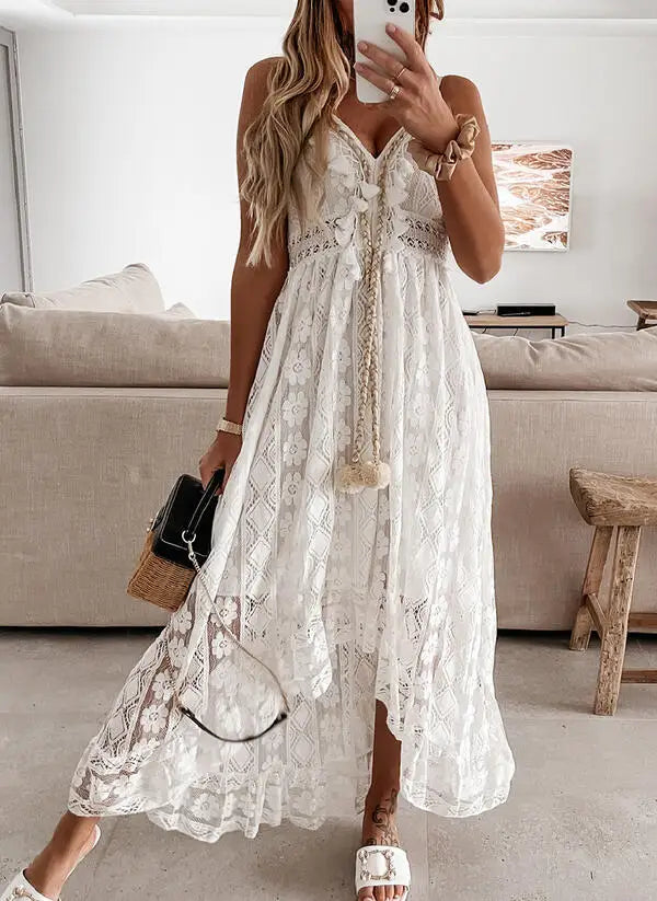 Women's Dress White Hollow Out Cotton Sundress Lace Sleeveless Long Splicing Summer Party Elegant Evening Woman Skirt Clothing