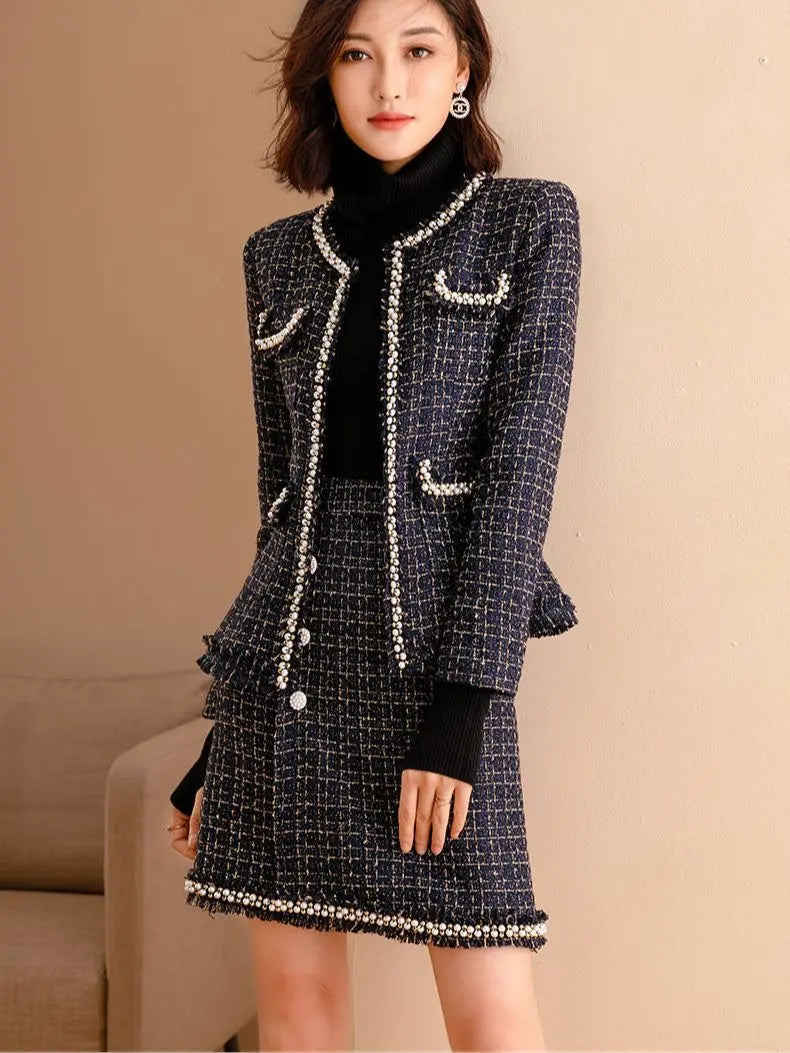 Women Tweed Elegant Chic Suit Pearl Jackert Coat Skirt Two Piece Set Matching Outfit Winter Workwear High Quality Clothing 2023