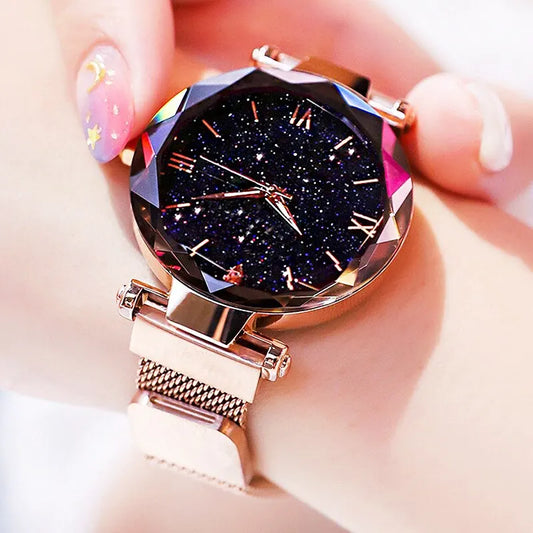 Relojes de cielo estrellado a la moda para mujer, hebilla magnética, cinturón de malla, reloj de cuarzo con diamantes, reloj de vestir para mujer