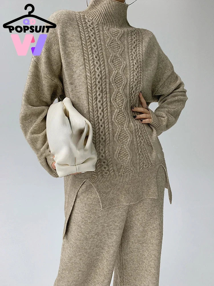 Otoño Invierno, Jersey de punto para mujer, conjunto de suéter, pantalones de pierna ancha, conjunto de dos piezas, ropa informal holgada ajustada a la moda para ir al trabajo, ropa de mujer