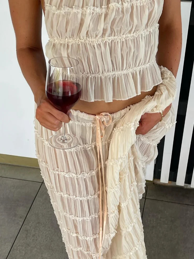 Elegant Halter Pleated Suit Women Lace Up Backless Short Solid Fold Top Sets 2024 Fashion Female Loose Long Skirts 2 Piece Set