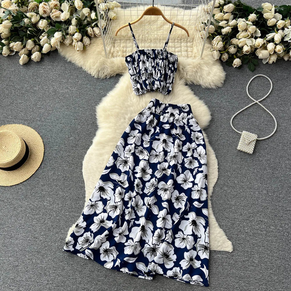 YuooMuoo Women Dress Set 2023 New Summer Vacation Fashion Floral Print Straps Crop Tops + Long Skirts Outfits Beach 2Pcs Suits