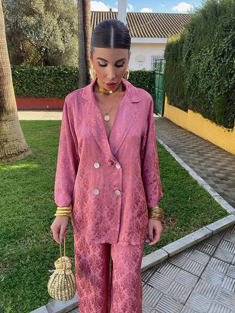 Women Fashion Print Pants Suits Elegant Lapel Single Breasted Button Long Shirt 2 Piece Suits Loose Wide Leg Pant Female Outfit