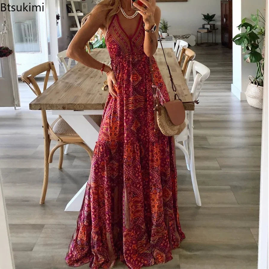 Robe longue style Boho pour femmes, tenue de soirée élégante, col en V, Vintage imprimé, sans manches, Sexy, Slim, Maxi, robe de plage, été, 2024