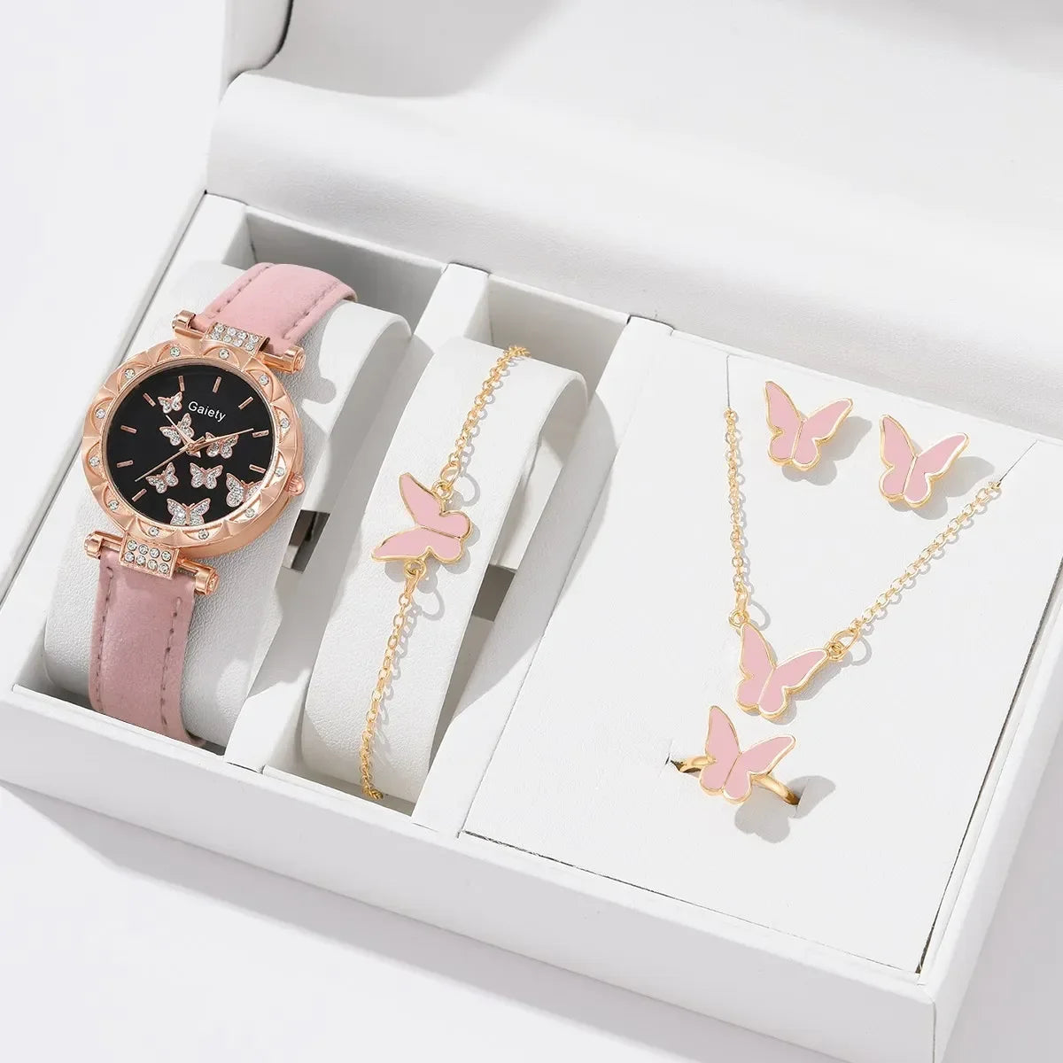 Conjunto de 6/1 Uds. De reloj para mujer, anillo, collar, pendientes, pulsera, relojes, correa de cuero de mariposa, reloj de pulsera de cuarzo para mujer (sin caja)