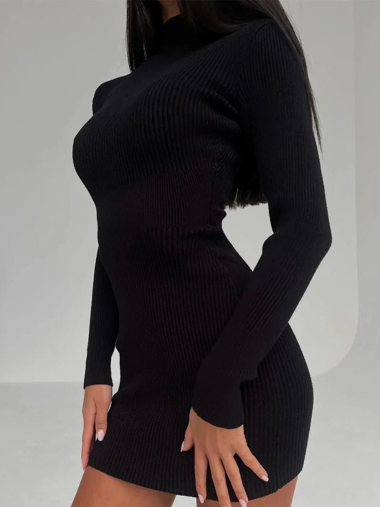 XIZOU Knitted White Dress Turtleneck Long Sleeve Bodycon Dress Autumn Winter Elegant Party Evening Black Dresses for Women