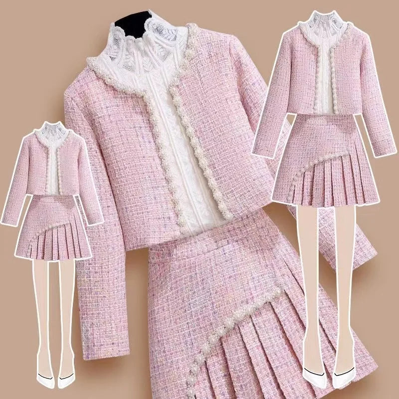 Women Tweed Y2K Pink Suit Pearl Jacke Coat Shirt And Skirt Three Piece Set Outfit Winter Vintage Chic Elegant Party Clothing