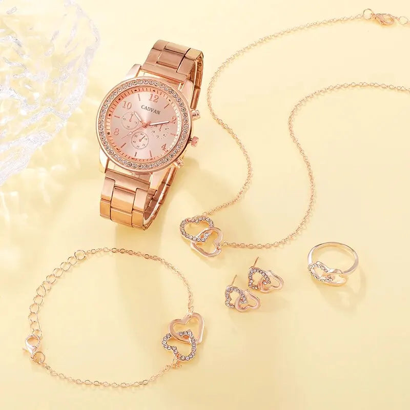 Conjunto de 6 uds de reloj de lujo de oro rosa para mujer, anillo, collar, pendiente, reloj de pulsera de moda con diamantes de imitación, relojes de pulsera informales para mujer