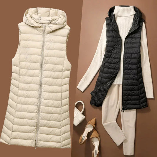 Veste à capuche sans manches pour femme, manteau long, en duvet de canard blanc, coupe cintrée, chaud, pour le bureau, nouvelle collection automne/hiver 2023