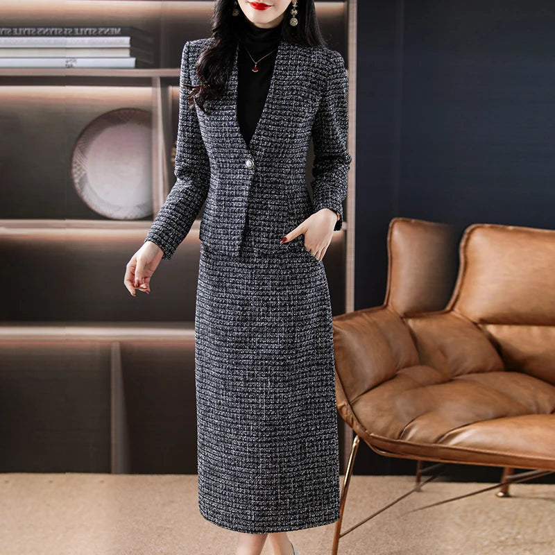 Winter Outfit Whole Set Capable Temperament Women’s Clothing High-end Little Fragrance Jacket Professional Two-piece Suit Skirt