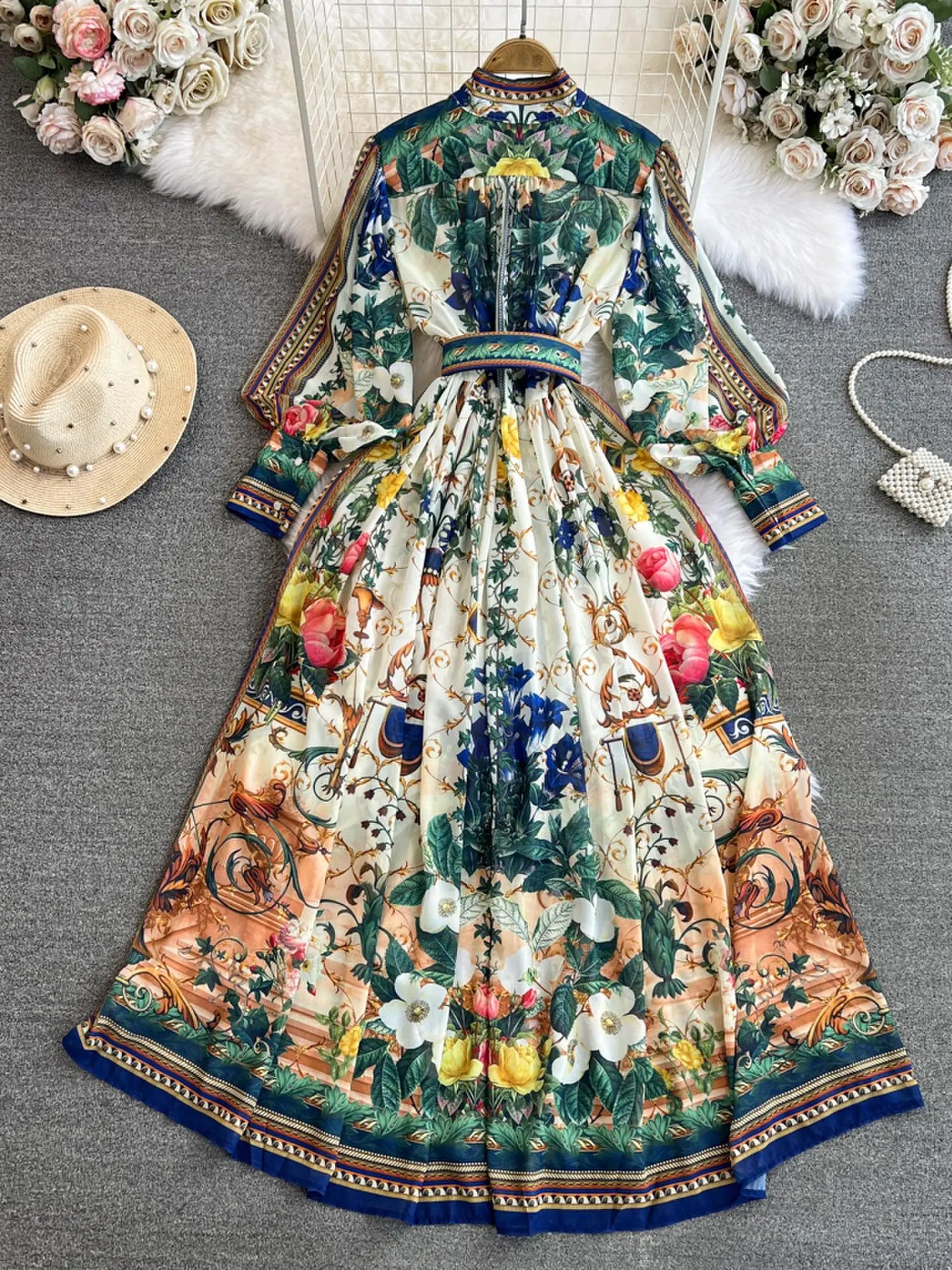 2024 Fashion Chiffon Gorgeous Flower Print Maxi Dress Women's Stand Single Breasted Long Lantern Sleeve Belt Boho Robe Vestidos