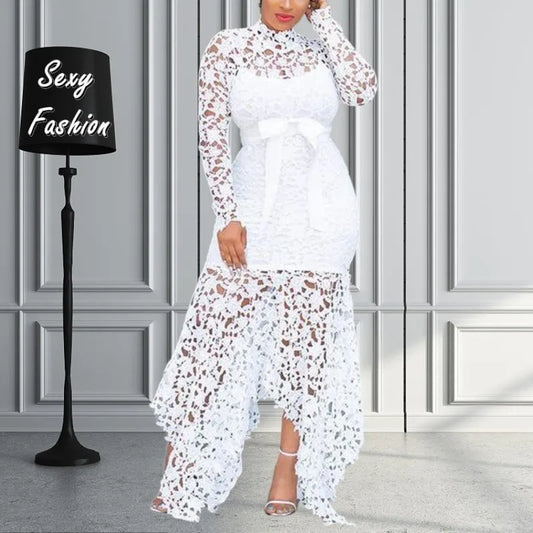 WSFEC S-5xl Plus Size Dresses For Women 2023 Bow Hollow Out Lace Patchwork Elegant Long Sleeve Pure Color Chic Ladies Clothes