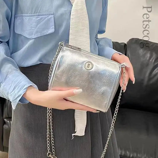 Y2K Silver Leather Mini Crossbody Bags For Women 2023 Luxury Brand Handbags And Purses Female Chain Pillow Cross Body Bag