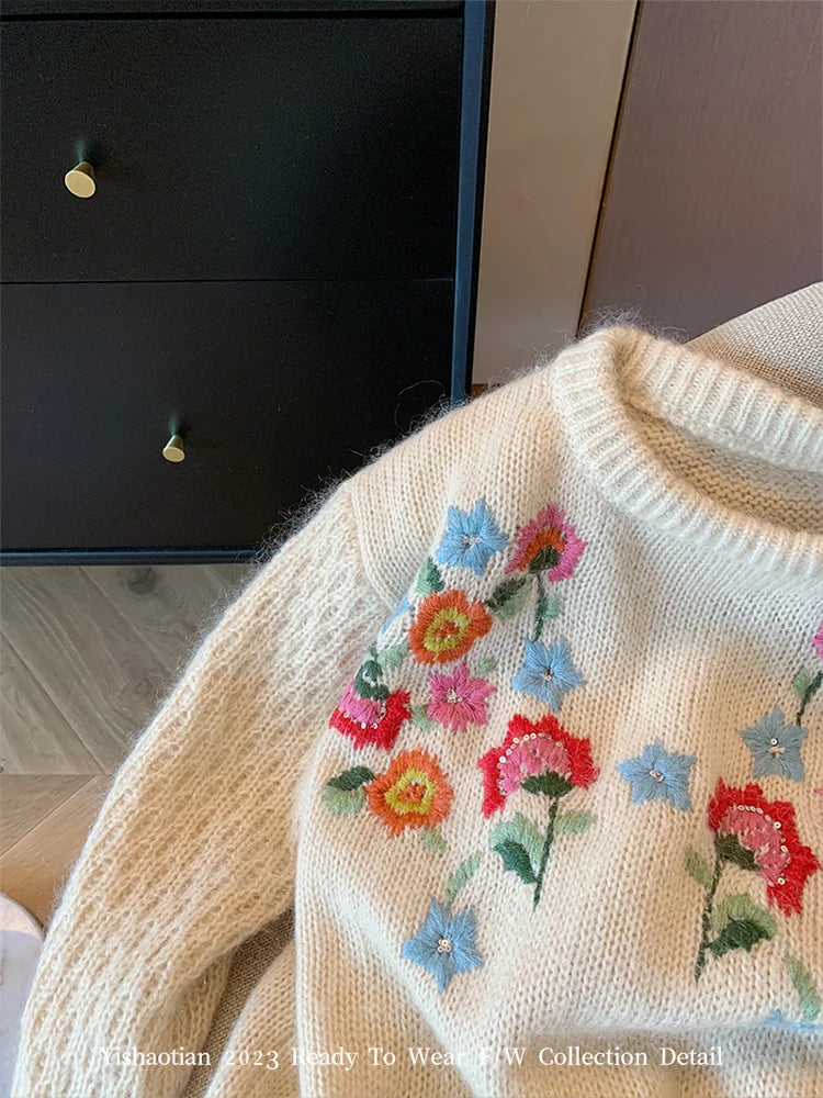 Harajuku Knitted Cashmere Top Women Classical Embroidery Floral Pullovers Sleeve Autumn Winter Sweater Korean Oversized Tops Y2K