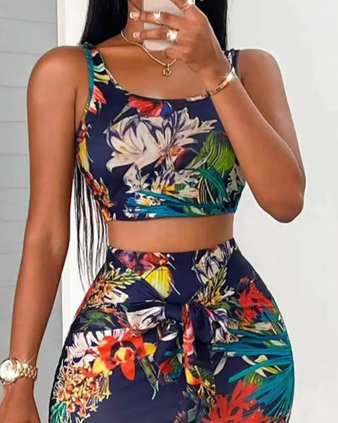 Two Piece Sets Womens Outifits 2023 Summer Fashion Tropical Print U-Neck Sleeveless Crop Tank Top & Casual Skinny Midi Skirt Set