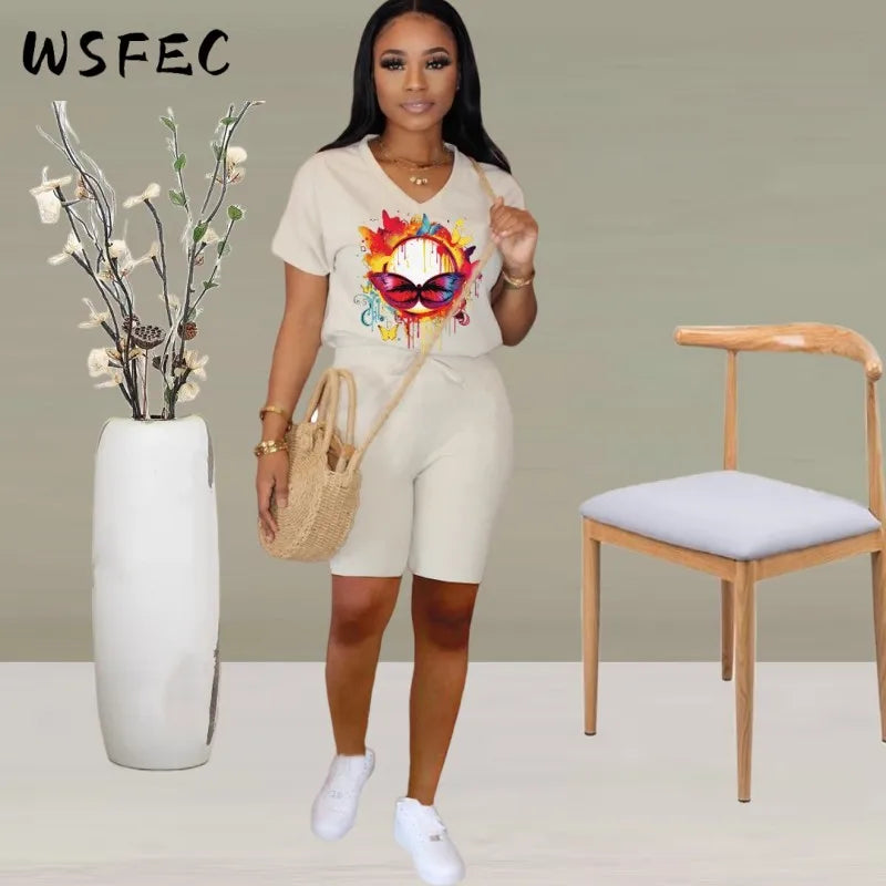 WSFEC S-2XL Summer 2023 Women Clothing Matching Sets Fashion Pattern Short Sleeve Two Piece Sets Short Suits Female Outfits