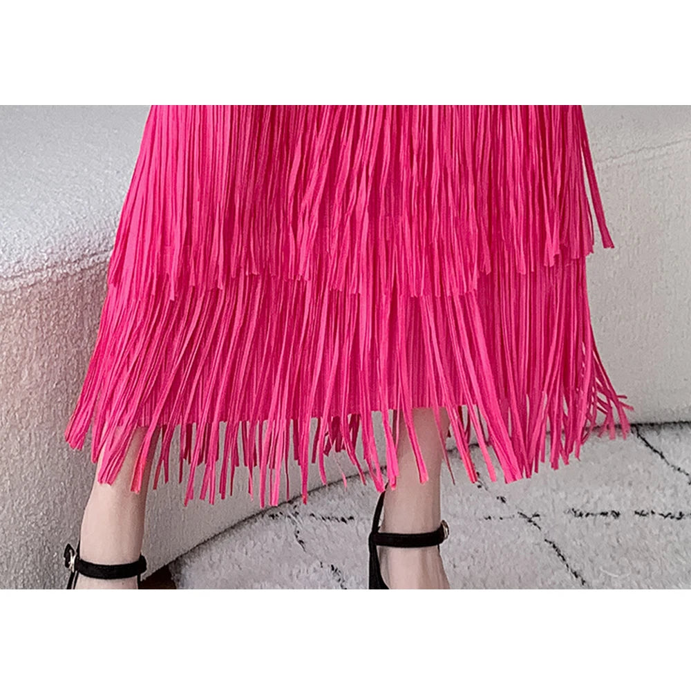 Vintage Elegant Long Skirt For Women High Waist Patchwork Pleated Tassel Solid Party Skirts Female High Street Summer Clothing