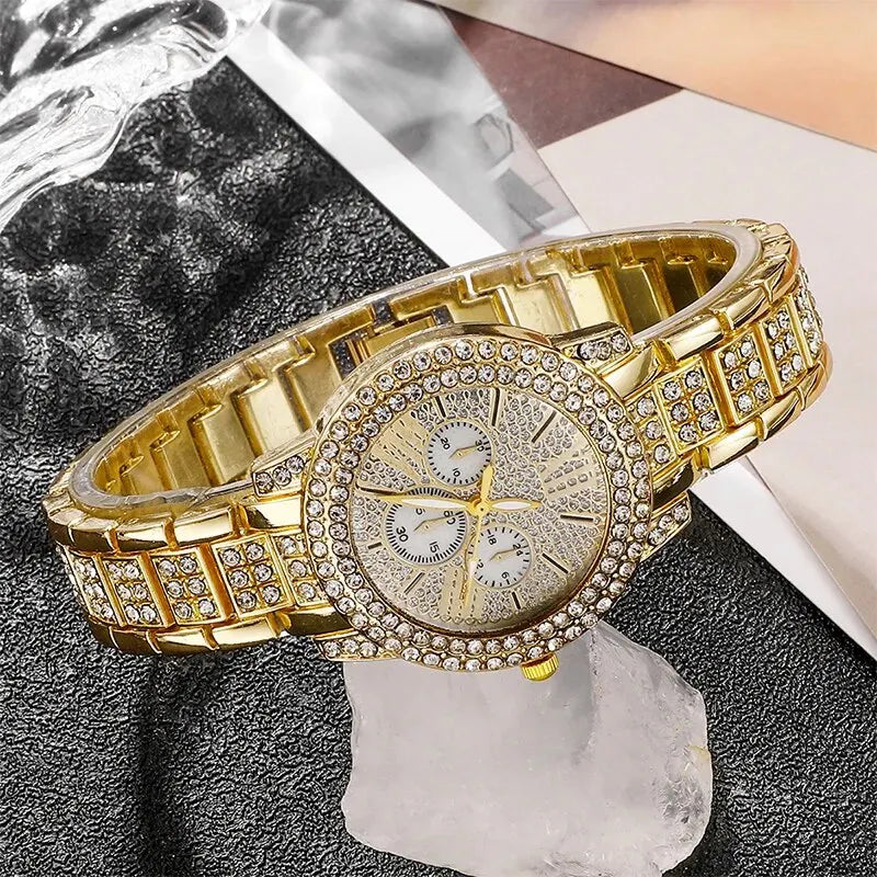 Montre à Quartz pour femmes, or, luxe, bague, collier, boucle d'oreille, strass, mode, montre-bracelet décontractée, ensemble de bijoux pour dames