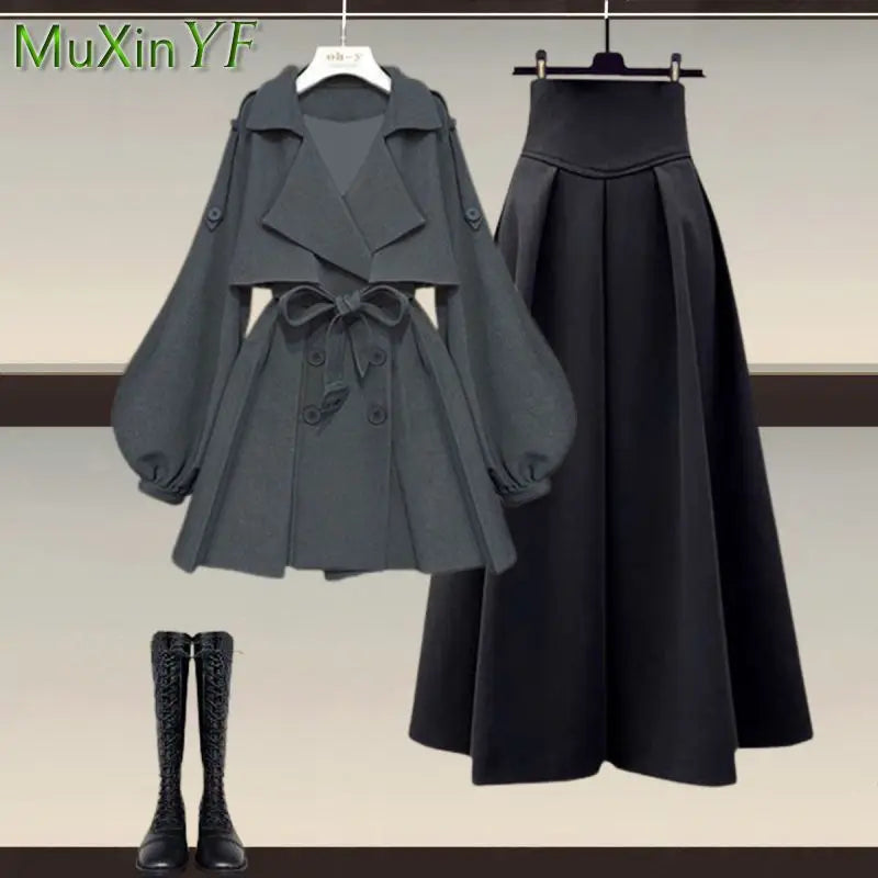 Costume deux pièces pour femmes, veste à la taille, jupe Midi, élégant, manteau ample, robe assortie, nouvelle mode automne/hiver 2023