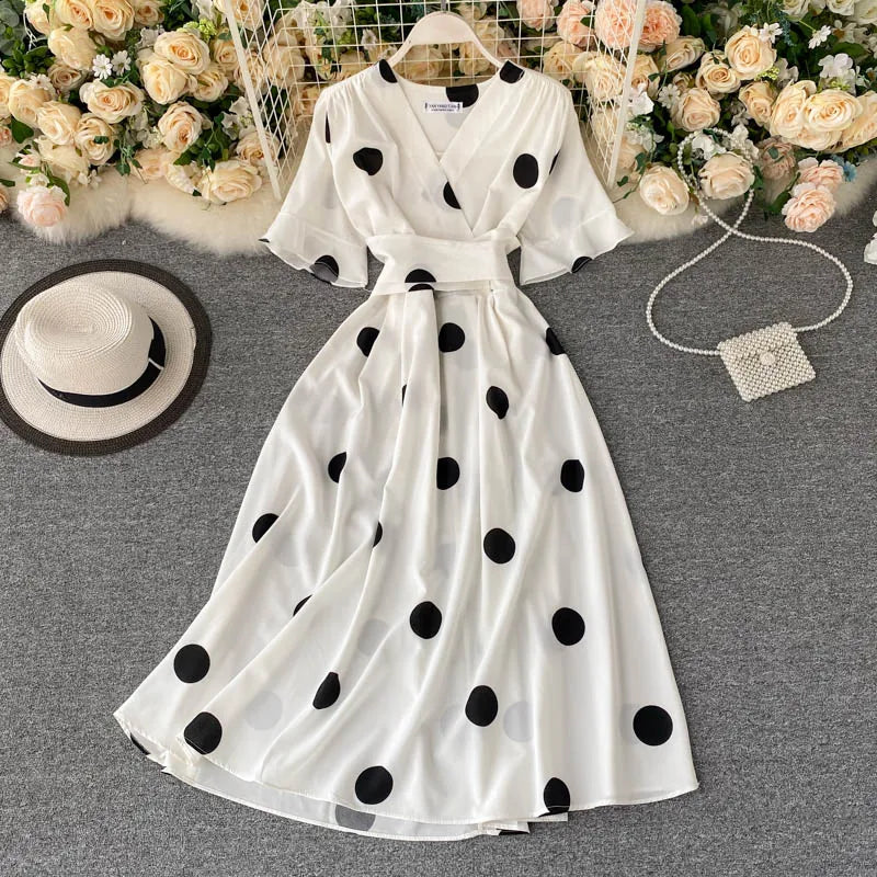 YuooMuoo Chic Fashion Polka Dot Print Women Dress 2023 New Summer Elegant Vintage Bandage Slim Waist Big Swing Long Party Dress