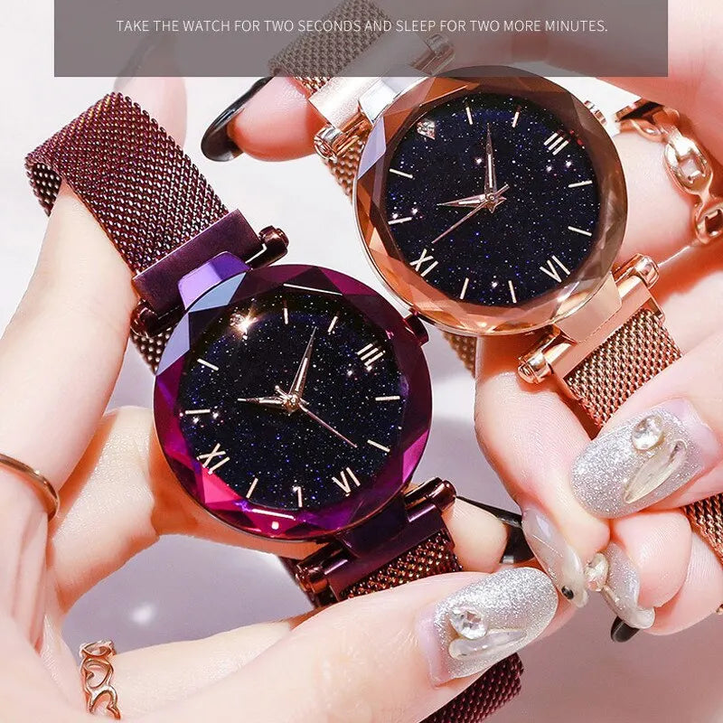 Relojes de cielo estrellado a la moda para mujer, hebilla magnética, cinturón de malla, reloj de cuarzo con diamantes, reloj de vestir para mujer